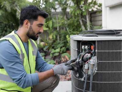 Air conditioning technician inspecting electrical connections on an outdoor condenser unit.