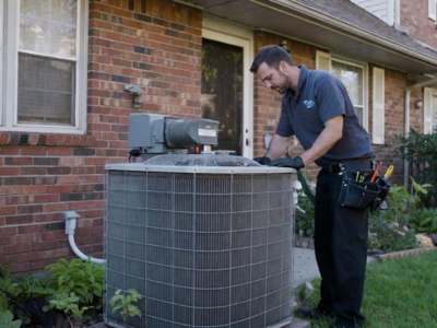 HVAC technician servicing outdoor air conditioning unit at residential home.