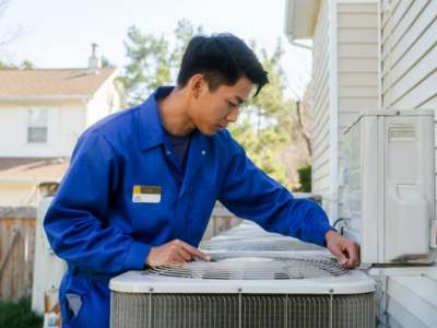 Professional HVAC technician performing air conditioning repair on residential units.