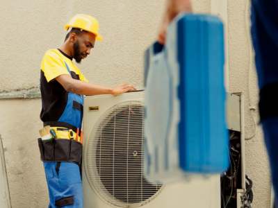 Professional HVAC technician in uniform servicing an outdoor air conditioning unit at a residential home.
