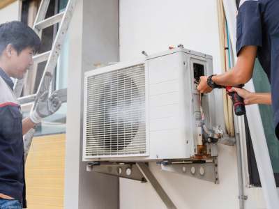 Urban building with an outdoor air conditioning unit.