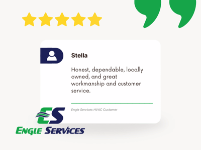 Customer testimonial card with five gold stars and a quote from Stella praising Engle Services.