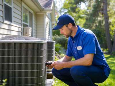 HVAC technician in uniform working on an outdoor air conditioning unit.