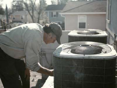 HVAC technician inspecting an outdoor air conditioning unit.