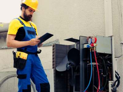HVAC technician in uniform, inspecting an outdoor air conditioning unit beside a residential home.