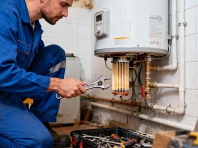 Plumber repairing a residential water heater.