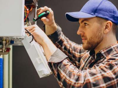 Professional HVAC technician working on a residential heating and cooling system.