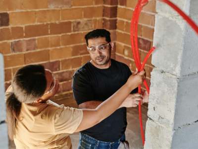 Two construction workers wearing safety glasses handling red PEX tubing near a concrete block wall.