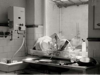 Wall-mounted water heater in a kitchen with a dish rack and dishes.