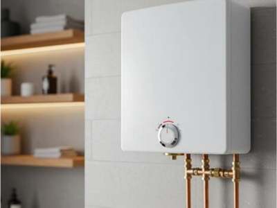 White tankless water heater mounted on gray wall with copper pipe connections in modern bathroom with wooden shelving.